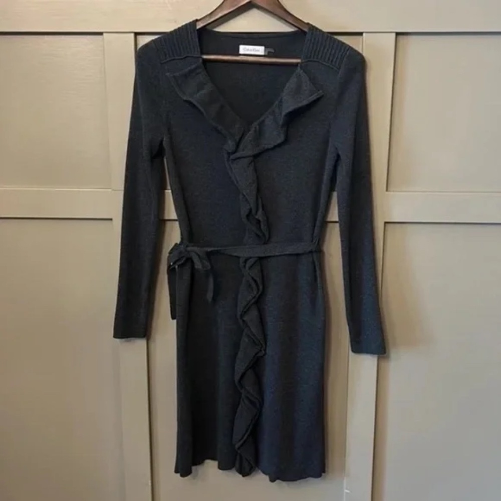 Calvin Klein Ruffle Front Sweater Dress Long Sleeve Charcoal Gray Size Medium